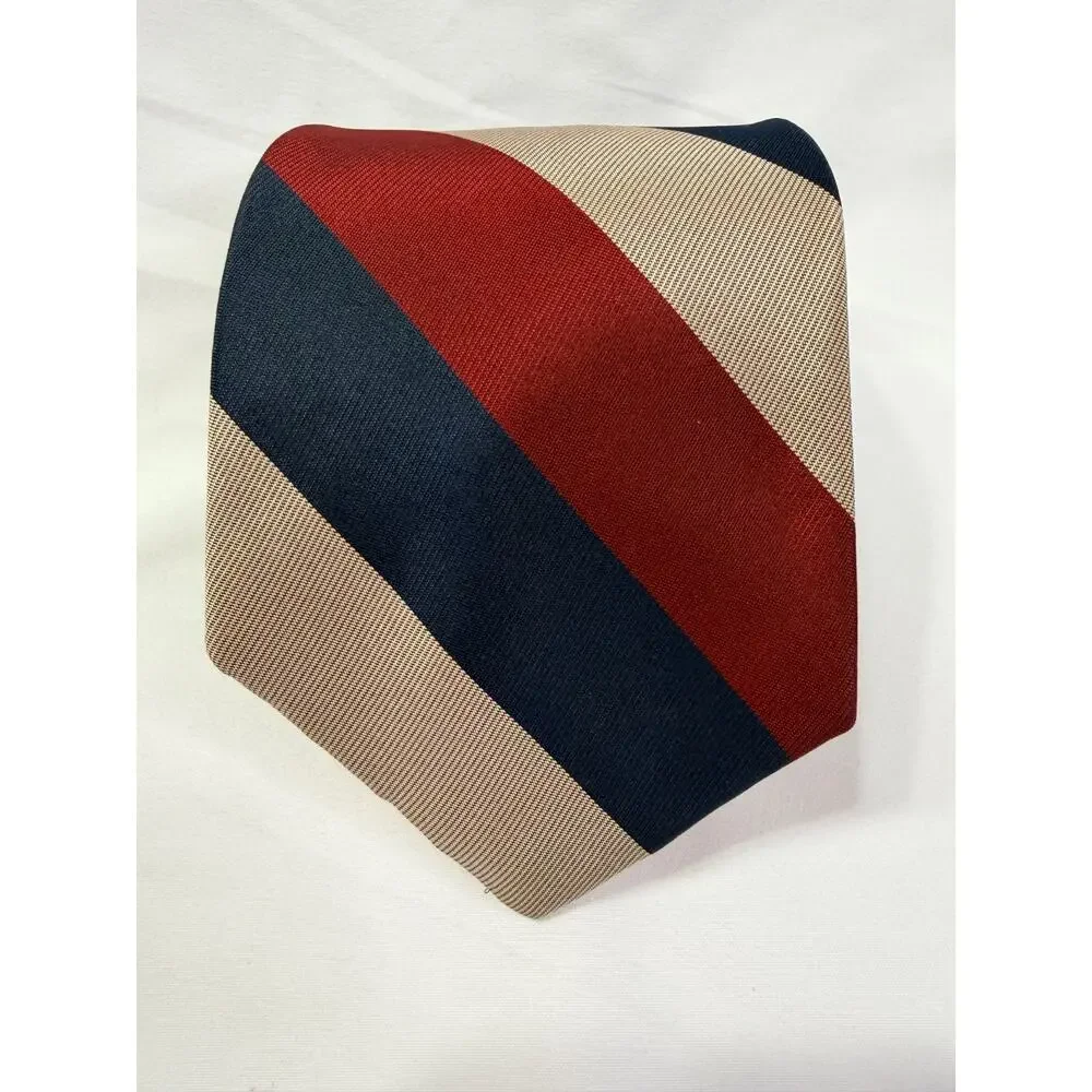 Vintage Tom James Silk Tie Regimental Stripe Red Blue Tan Italian Fabric USA